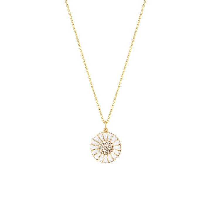 DAISY Pendant Goldpläterat Sterling silver large WHITE ENAMEL 18 MM Diamonds PAVÉ 0.19 ct 45 cm in the group Necklaces / Diamond Necklaces at SCANDINAVIAN JEWELRY DESIGN (10010535)