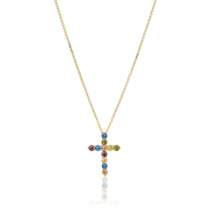 Belluno Croce  - 18k Goldpläterad, med multifärgade zirkoner Necklaces in the group Necklaces / Gold Necklaces at SCANDINAVIAN JEWELRY DESIGN (SJ-N2394-XCZ-YG)