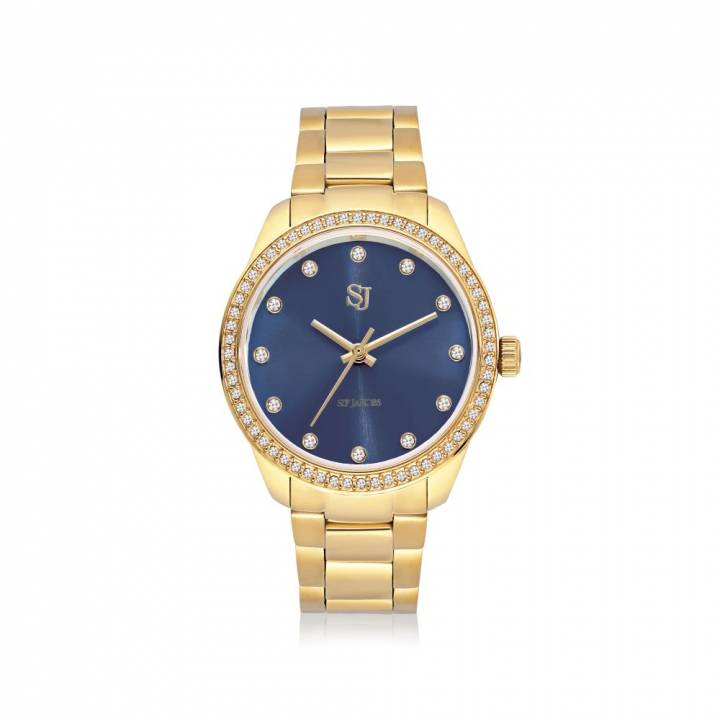 Valeria - Goldpläterad rostfritt stål med mörkblå sunray urtavla och vita zirkoner Klocka  in the group Accessories / Watches at SCANDINAVIAN JEWELRY DESIGN (SJ-W2307-CZ-YG)