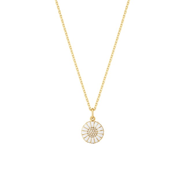 DAISY Pendant Goldpläterat Sterling silver medium WHITE ENAMEL 11 MM Diamonds 0.05 ct 40 cm