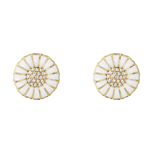 DAISY Earring Silver Goldpläterad WHITE ENAMEL 11MM Diamonds PAVÉ 0.10 ct